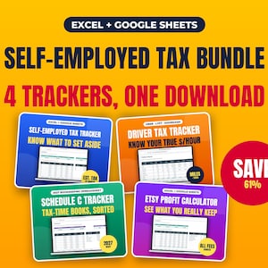 Self-Employed Tax Spreadsheet Bundle, 4 Trackers in One Download, Freelancer, Driver, Etsy Seller (Excel/Google Sheets)