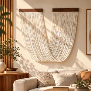 May include: A wall hanging consisting of two dark wooden horizontal bars, each suspending a long, dense curtain of off-white cotton cord. The cords drape in a deep U-shape, creating a layered, flowing textile display against the wall.