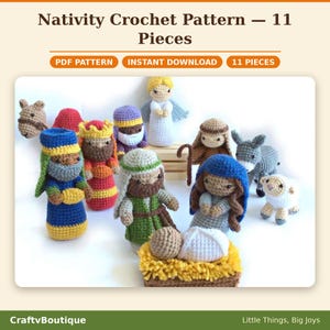 Patrón de ganchillo para el Nacimiento en PDF, juego completo de amigurumi navideño para el Nacimiento, 11 piezas con el Niño Jesús, María, José y los Reyes Magos.