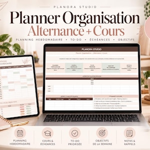 Peut inclure: Un système d'organisation numérique pour étudiants affiché sur un écran d'ordinateur portable et une tablette. L'interface présente des sections pour le planning hebdomadaire, les cours, les tâches et les objectifs avec une palette de couleurs douces.