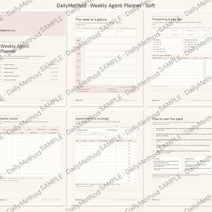May include: A set of six printable planner pages titled DailyMethod Weekly Agent Planner. The pages feature a soft beige colour scheme with sections for weekly overviews, prospecting, lead generation, pipeline tracking, and appointment scheduling.