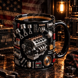 May include: A black ceramic mug filled with steaming coffee, featuring a detailed 3D-style relief design of an automotive engine, pistons, gears, and mechanical components in metallic silver, gold, and red accents against a dark background.