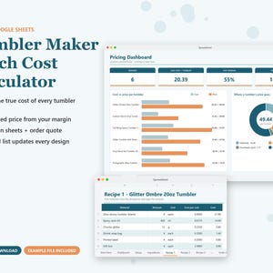 Op de afbeelding: Een digitale Tumbler Maker Batch Cost Calculator voor Excel en Google Sheets. De interface toont een prijsdashboard met staafdiagrammen, een cirkeldiagram en een recepttabel voor een 20oz Glitter Ombre Tumbler met materiaalkosten.