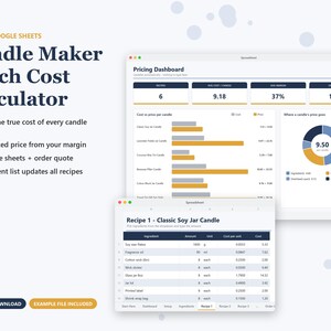 Op de afbeelding: Een digitaal Candle Maker Batch Cost Calculator spreadsheet voor Excel en Google Sheets. De interface toont een prijsdashboard met staafdiagrammen, een cirkeldiagram en een gedetailleerde Recipe 1 tabel voor kaarsingrediënten.