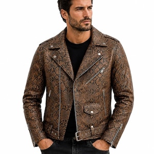 Men’s Brown Leather Biker Jacket – Embossed Python Motorcycle Jacket with Belt