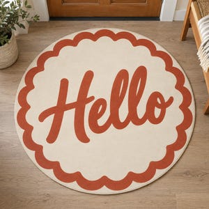 Hello Round Doormat, Terracotta Scalloped Welcome Rug, Cute Round Entryway Rug