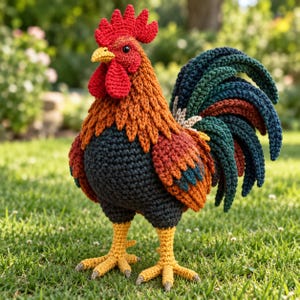 May include: A handcrafted crochet rooster featuring a vibrant red comb and wattle, a yellow beak, and a body composed of textured yarn in shades of dark gray, orange, and rust. The tail feathers are a mix of deep green and dark blue yarn.