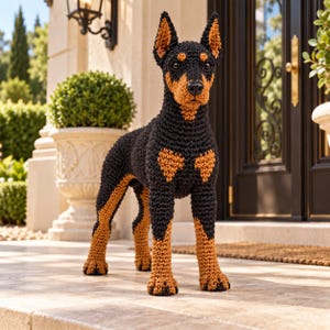 May include: A handcrafted crochet Doberman dog figurine featuring a black and tan color scheme. The yarn work displays a textured stitch pattern across the body, with pointed ears, a defined snout, and a standing posture on four legs.