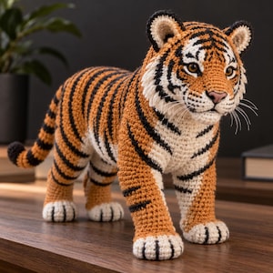 May include: A crocheted tiger figurine featuring orange, black, and white yarn. The stuffed animal has a detailed striped pattern, white chest and muzzle, dark brown eyes, and long whiskers, standing on four paws with visible toe details.