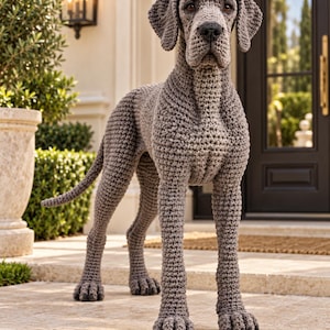 May include: A large, standing dog figurine crafted from grey yarn using a crochet technique. The figure features a textured, knotted surface, floppy ears, a dark nose, and amber-colored eyes, capturing the likeness of a Great Dane breed.