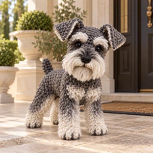 Pode incluir: Uma figura de cão schnauzer em croché com um corpo cinzento escuro e pelo cor de creme mais claro no focinho, sobrancelhas e parte inferior das patas. O brinquedo de peluche tem um acabamento em fio texturado, olhos redondos e um nariz.