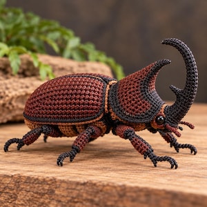 May include: A handcrafted crochet beetle figurine featuring a dark brown and black color scheme. The insect model displays a prominent curved horn, textured wing covers, and six articulated legs, all created with detailed yarn stitching.