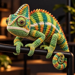 May include: A crocheted chameleon toy featuring a vibrant colour palette of green, yellow, and orange yarn. The stuffed animal has a textured surface, a prominent crest on its head, large dark eyes, and a curled tail gripping a black bar.