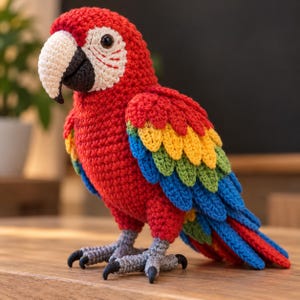 May include: A crocheted macaw parrot toy featuring a vibrant red body with layered wings in yellow, green, and blue. The bird has a white face patch, a large cream-colored beak with a black base, dark eyes, and gray feet with black claws.