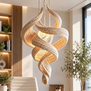 Patrón PDF para pantalla de lámpara de ganchillo, pantalla de lámpara colgante en espiral, pantalla de lámpara colgante estilo boho, decoración moderna de ganchillo para el hogar, iluminación escultural.