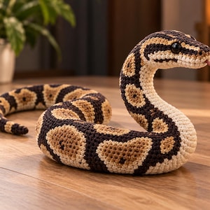 May include: A crocheted ball python toy featuring a pattern of dark brown and tan patches on a cream-colored base. The snake has a raised head, black plastic eyes, and a small pink yarn tongue protruding from its mouth.