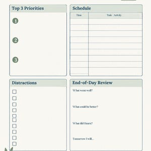 May include: A Daily Focus Sheet planner page with sections for Top 3 Priorities, a Schedule, Distractions, and an End-of-Day Review. The layout features dark blue text, light green headers, and a small illustration of books and a plant.