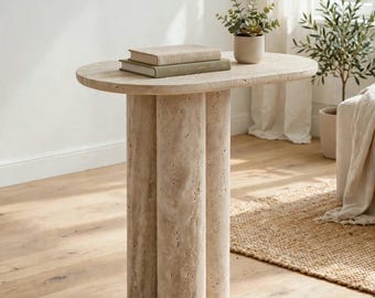 Handcrafted Travertine Side Table, Natural Stone Bedside Table, Luxury Marble Nightstand, Modern Minimalist End Table, Beige Stone Furniture
