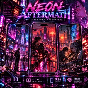 Könnte beinhalten: Eine digitale Produktanzeige mit drei Smartphones, die Cyberpunk-Stadtlandschaften mit neonfarbener rosa und oranger Beleuchtung zeigen. Der Text enthält NEON AFTERMATH, 10 CYBERPUNK WALLPAPERS, SAME CITIES DIFFERENT PEOPLE ANOTHER TOMORROW.