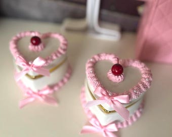 Heart cake Faux vintage inspired Pink frosting bow trinket box