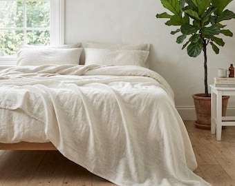 Pure Organic Washed Linen Flat Sheet, Soft Breathable Bedding (Queen/King)