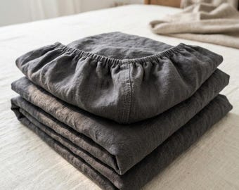 Charcoal Grey Linen Sheet Set, Stone-Washed, Breathable, Minimalist Bedroom