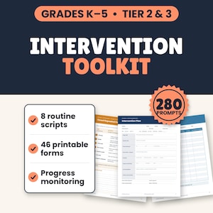 May include: An educational intervention toolkit for grades K-5, tier 2 and 3. The graphic features the text 'INTERVENTION TOOLKIT' and '280 PROMPTS'. It displays a list of 8 routine scripts, 46 printable forms, and progress monitoring.
