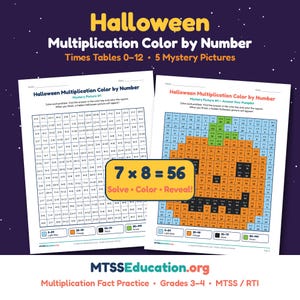 Puede incluir: Dos hojas de trabajo de multiplicación de Halloween para colorear por número con tablas del 0 al 12. Una hoja está en blanco, la otra muestra una calabaza completada. Un recuadro amarillo central muestra 7 x 8 = 56 y Solve Color Reveal.