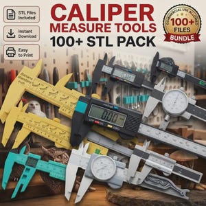 Può includere: Una collezione di strumenti di misurazione a calibro in un pacchetto di oltre 100 file STL. L'immagine mostra vari calibri, inclusi modelli gialli con motivi a banana, digitali color turchese e a quadrante argentato.