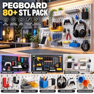Oltre 80 file STL per pannelli forati, organizer da parete stampabili in 3D, porta attrezzi, contenitori per postazioni di gioco, accessori modulari per officina.