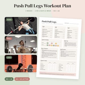 May include: A digital Push Pull Legs workout plan template featuring a 4-week schedule, exercise lists for push, pull, and leg days, a weekly calendar, and progress tracking tables. The document includes instructional text and weight conversion charts.