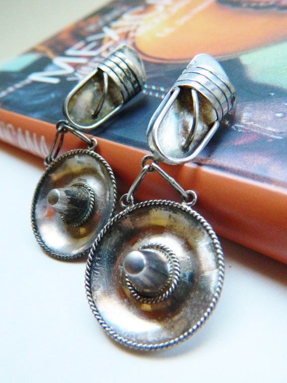 Huge Vintage Sterling Silver Sombrero Earrings / … - image 10