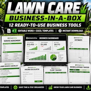May include: A digital lawn care business kit featuring a laptop displaying a business dashboard surrounded by 12 printed templates including a client intake form, service agreement, estimate, invoice, job sheet, checklist, and marketing planner.