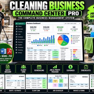 May include: Cleaning Business Command Center Pro digital management system featuring a dashboard with revenue, expenses, profit, and job tracking charts. Includes Excel, Word, and PDF templates for pricing, quotes, CRM, scheduling, and checklists.