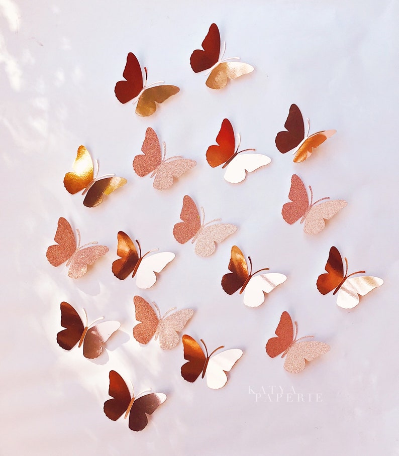 Rose Gold 3D Butterflies Wall Decor. Set of 10. Handmade in Etsy