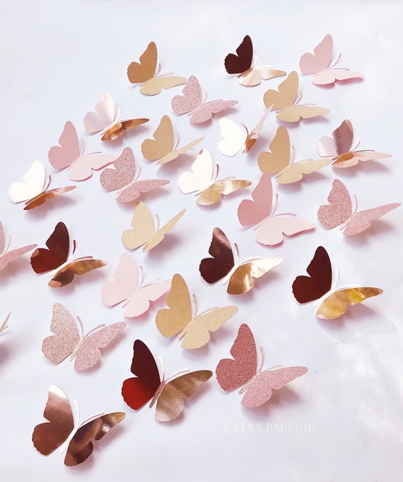 Paper Rose Gold Butterflies Wall Decor. Handmade in USA. 3D Butterflies,  Wall Butterflies Nursery, Pink Gold Baby Shower. Set of 10. 