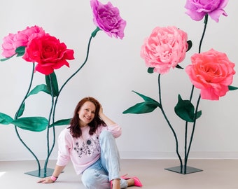 Giant free standing paper flower set with crepe paper roses and peonies. Alice in Wonderland party Photo Booth. Huge storefront flowers.