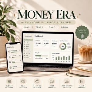May include: A digital finance planner titled Money Era displayed on a laptop and smartphone. The screen shows a dashboard with income, expenses, savings, and a goal tracker. Text includes Plan, Track, Save, Grow, and Google Sheets.