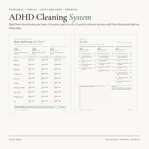ADHD Cleaning Schedule Printable and Digital, Room by Room Checklist, 10 20 45 Minute Resets, 108 Cleaning Cards, GoodNotes, Dark Mode