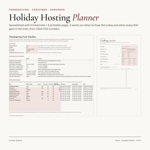 Könnte beinhalten: Ein digitaler Urlaubs-Hosting-Planer mit einer Tabellenkalkulation mit 8 verknüpften Registerkarten und 8 druckbaren Seiten. Das Dokument enthält einen Thanksgiving-Kochzeitplan mit Spalten für Truthahngewicht und Zeitpläne.
