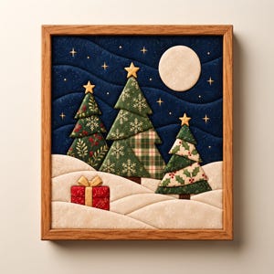 May include: A framed fabric wall art piece featuring three quilted Christmas trees in green patterns with gold stars, set against a dark blue night sky with a full moon and stars, over a snowy landscape with a red gift box and gold bow.