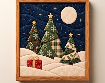 Puede incluir: Una pieza de arte mural de tela enmarcada que presenta tres árboles de Navidad acolchados con patrones verdes y estrellas doradas, sobre un cielo nocturno azul oscuro con luna llena y estrellas, y un paisaje nevado con un regalo rojo.