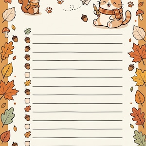May include: A cream-colored to-do list notepad featuring a border of autumn leaves, acorns, and mushrooms. The top reads TO DO LIST with a squirrel and a cat wearing a scarf. The bottom features a hedgehog, a pumpkin, and the text autumn magic.