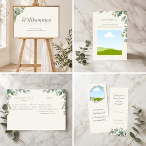 Könnte beinhalten: Ein Set aus Trauerpapeterie mit cremefarbenem Hintergrund und grünen Eukalyptusblatt-Motiven. Das Set enthält ein Willkommensschild auf einer Staffelei, eine Gedenkkarte, einen Ablaufplan und ein Lesezeichen mit Platzhaltern für Text.