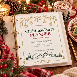 May include: A white paper page in a gold ring binder titled Christmas Party PLANNER, 40-PAGE PRINTABLE BUNDLE. The text includes The Christmas Collection, Plan beautifully. Host joyfully., and a list of categories like Guests and Menus.
