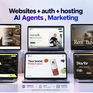 May include: Six open laptops arranged in two rows display various website interfaces with text including ReadyHT, Websites + auth + hosting, AI Agents, Marketing, Ready COFFEE, Your smile, in good hands, Rent Buy, YOUR CAR, YOUR OBSESSION, Your brand, Ready to pour, and Stay for one more cup.