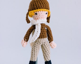 Amelia Earhart Crocheted Stuffed Doll - Amelia Earhart Amigurumi Aviator