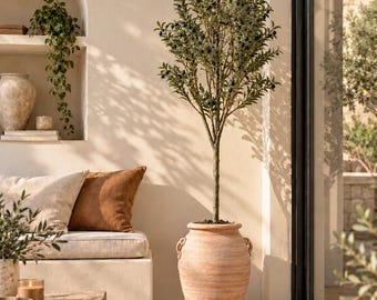 Olivo artificial de 180 cm – Planta de olivo artificial alta con maceta negra, árbol mediterráneo realista, vegetación de interior, decoración del hogar