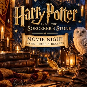 May include: A Harry Potter and the Sorcerer's Stone Movie Night Menu Guide & Recipes book cover featuring a castle, a white owl, a golden snitch, a wand, round glasses, a red and gold scarf, and books labeled Potions, Spells, and Herbology.