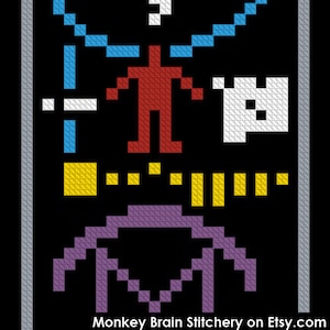 May include: Pixelated cross-stitch design on a black background. The design features a red figure, white shapes, blue lines, yellow blocks, and a purple arch. The text "Monkey Brain Stitchery on Etsy.com" is at the bottom.